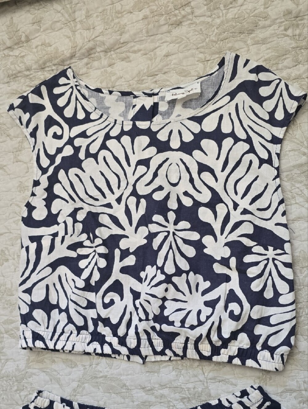 Linen Navy and White Floral Two-Piece Skirt Set - Picture 2 of 5